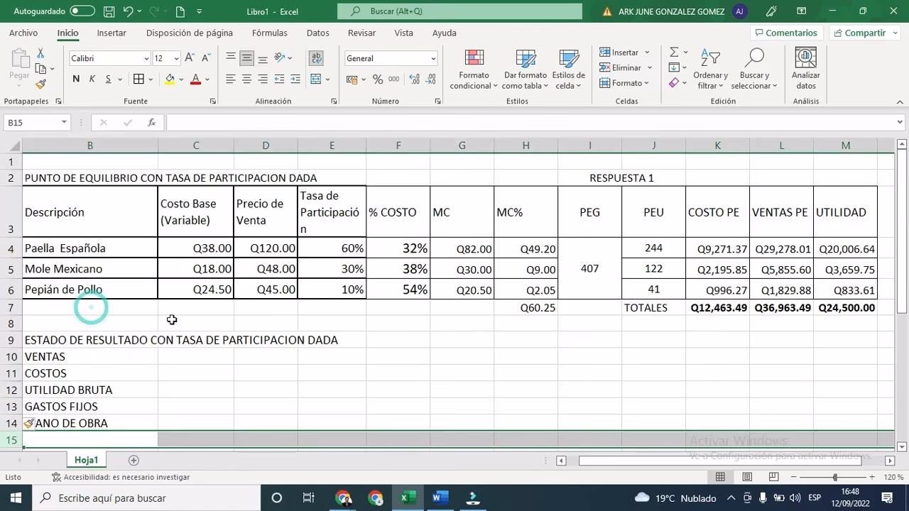¿Cómo se calcula el punto de equilibrio en Excel?