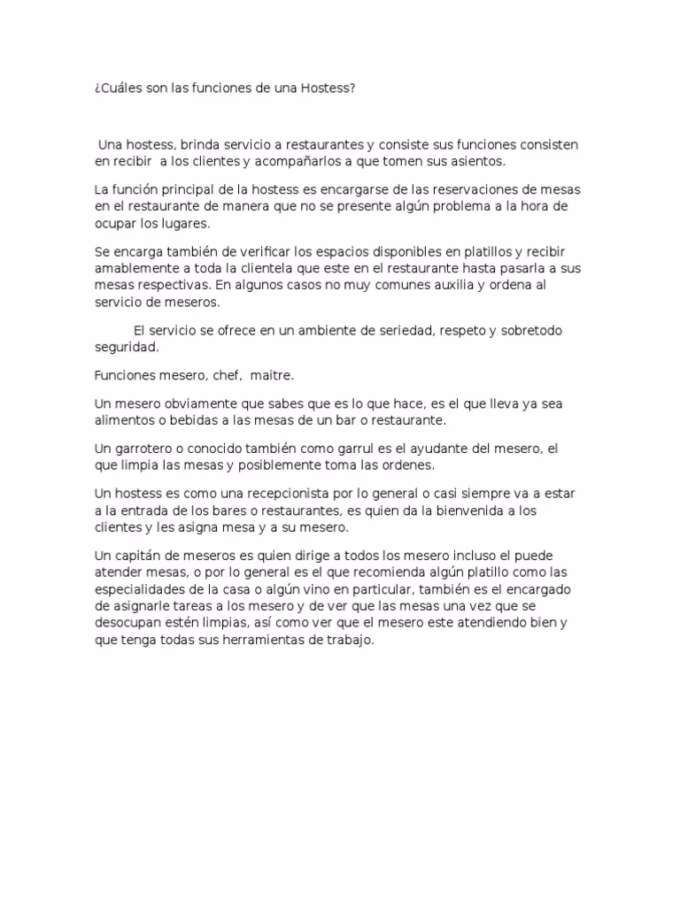 ¿Cuáles son las funciones de una azafata en un restaurante?