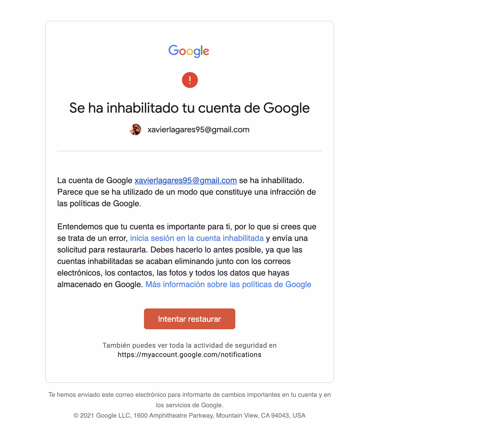 ¿Cómo puedo recuperar mi cuenta de Gmail que fue inhabilitada?